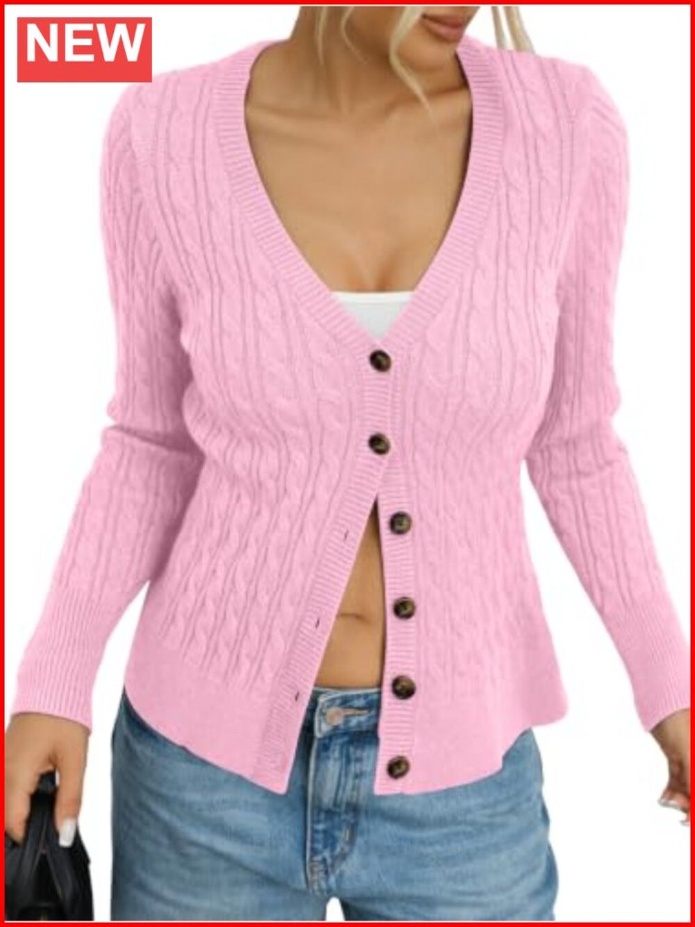Cable Knit Cardigan Chunky Button Down V-Neck Long Sleeve Sweater